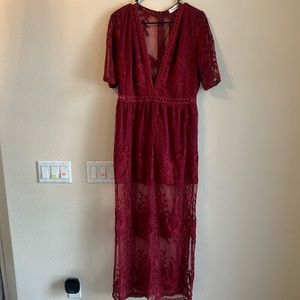 Burgundy romper with lace overlay